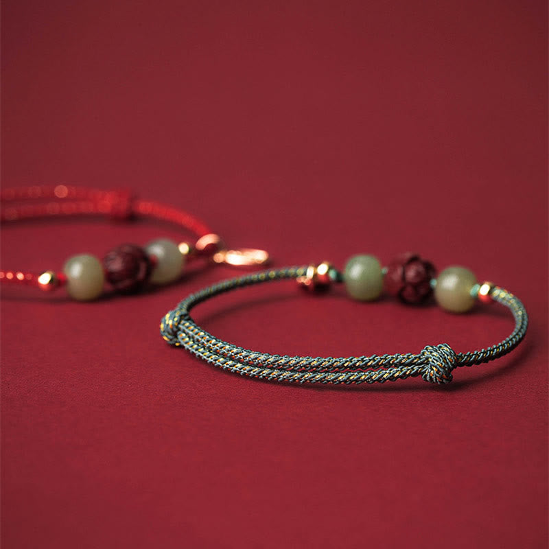 14K Gold Plated Hetian Jade Cinnabar Lotus Luck Handcrafted Rope Bracelet