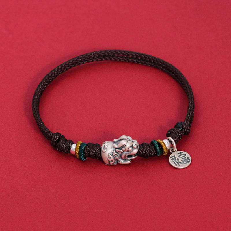 925 Sterling Silver PiXiu Fu Character Wealth Luck Handmade Braided Bracelet