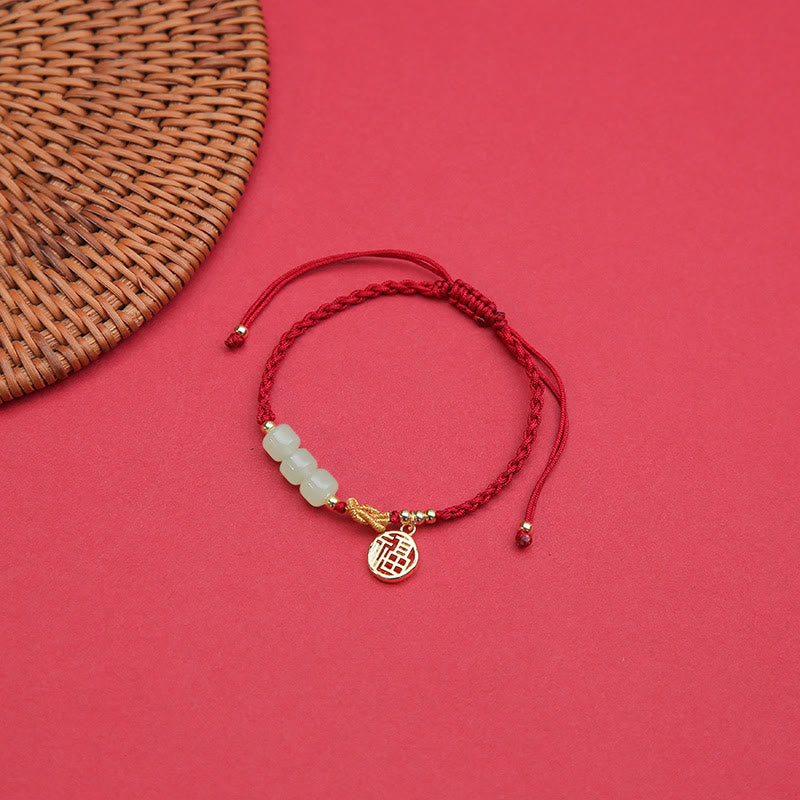 Handcrafted Jade Bead Fu Character Charm Luck Red Rope Bracelet
