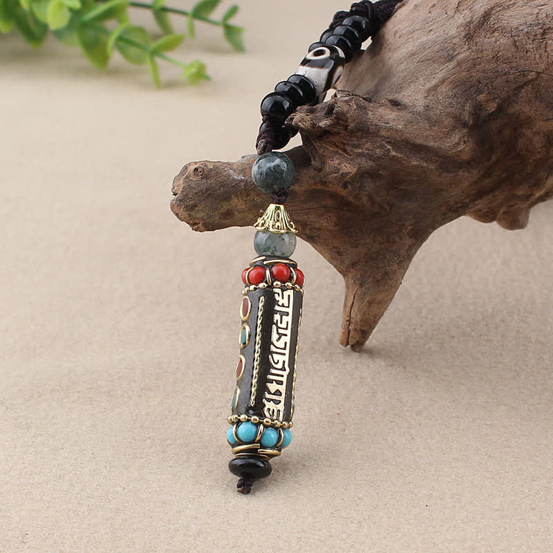Tibetan Om Mani Padme Hum Dzi Bead Wenge Wood Necklace Pendant