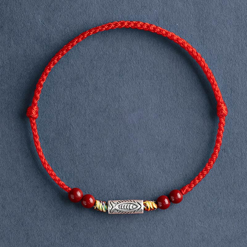 925 Sterling Silver Koi Fish Cinnabar Bead Wealth Handcrafted Braided Bracelet Anklet