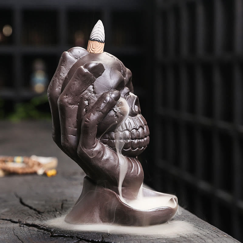 Halloween Skull With Ghost Hand Purple Clay Spiritual Incense Burner Decoration