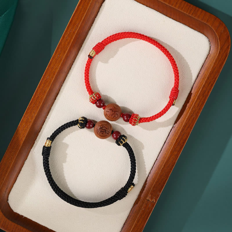 Natural Peach Wood Chinese Zodiac Fu Character Carved Cinnabar Wealth Bracelet