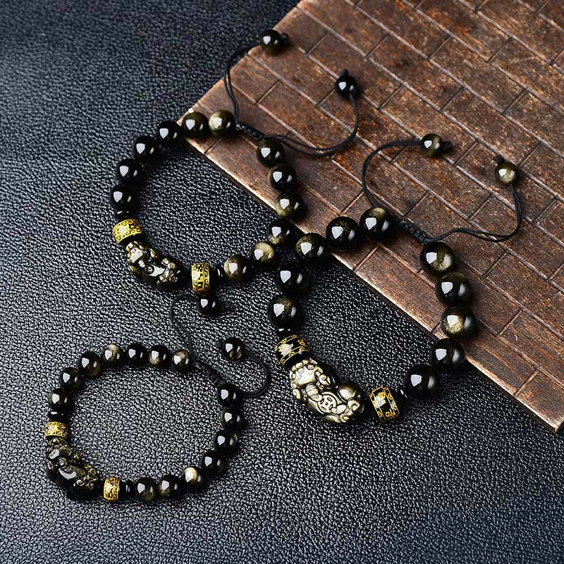 Natural Gold Sheen Obsidian PiXiu Om Mani Padme Hum Wealth Braided Bracelet