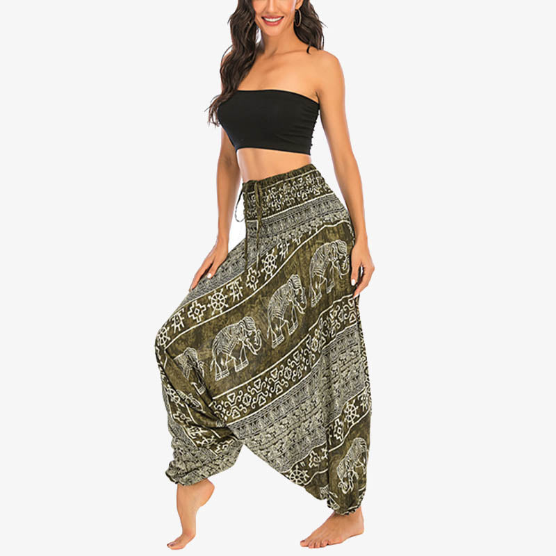 Two Style Wear Elephant Pattern Loose Smocked Harem Trousers Jumpsuit Women's Yoga Pants