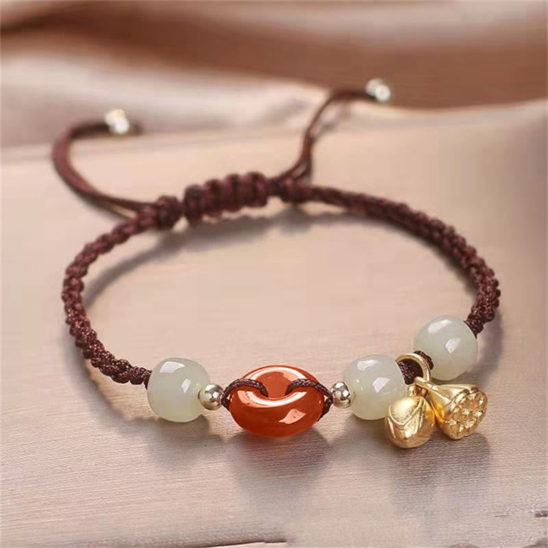 Red Agate Peace Buckle Jade Lotus Braided Bracelet