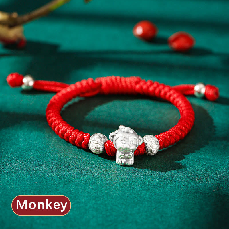 999 Sterling Silver Chinese Zodiac Red Rope Luck Handcrafted Kids Bracelet
