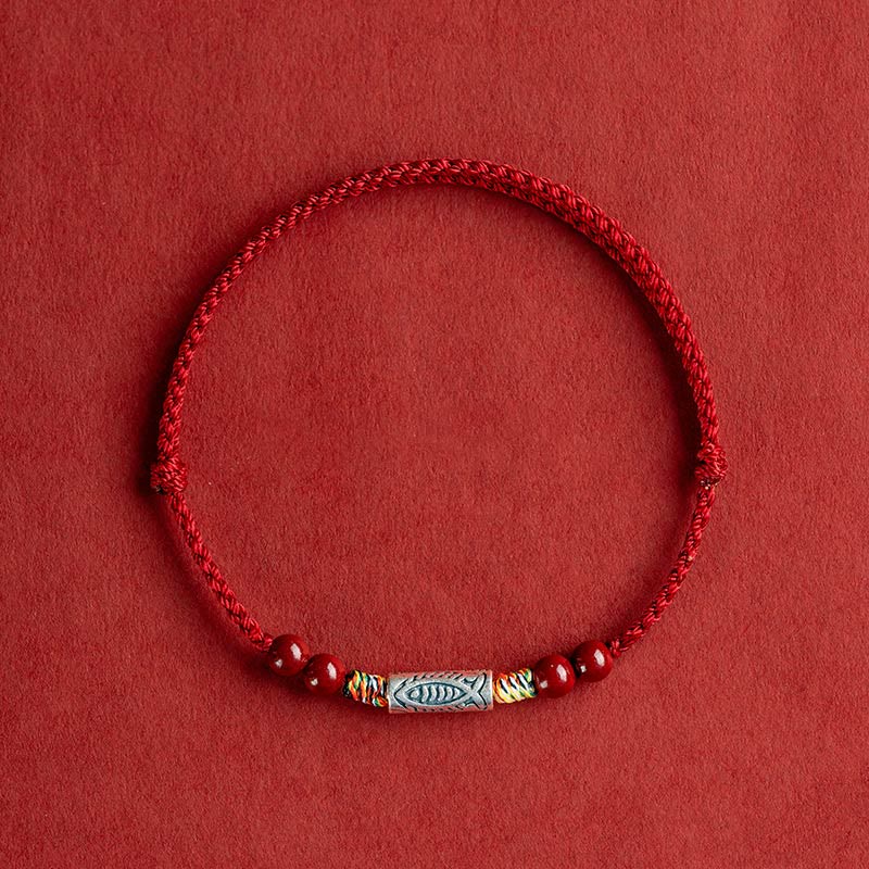 925 Sterling Silver Koi Fish Cinnabar Bead Wealth Handcrafted Braided Bracelet Anklet