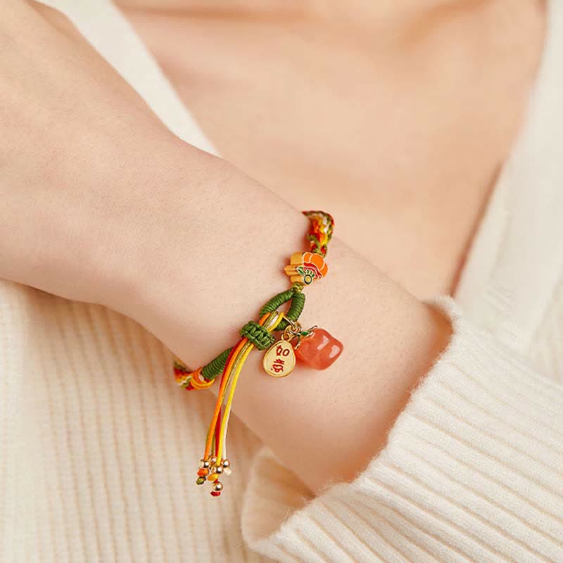 Persimmon Red Agate Strength Reincarnation Knot Braid String Bracelet