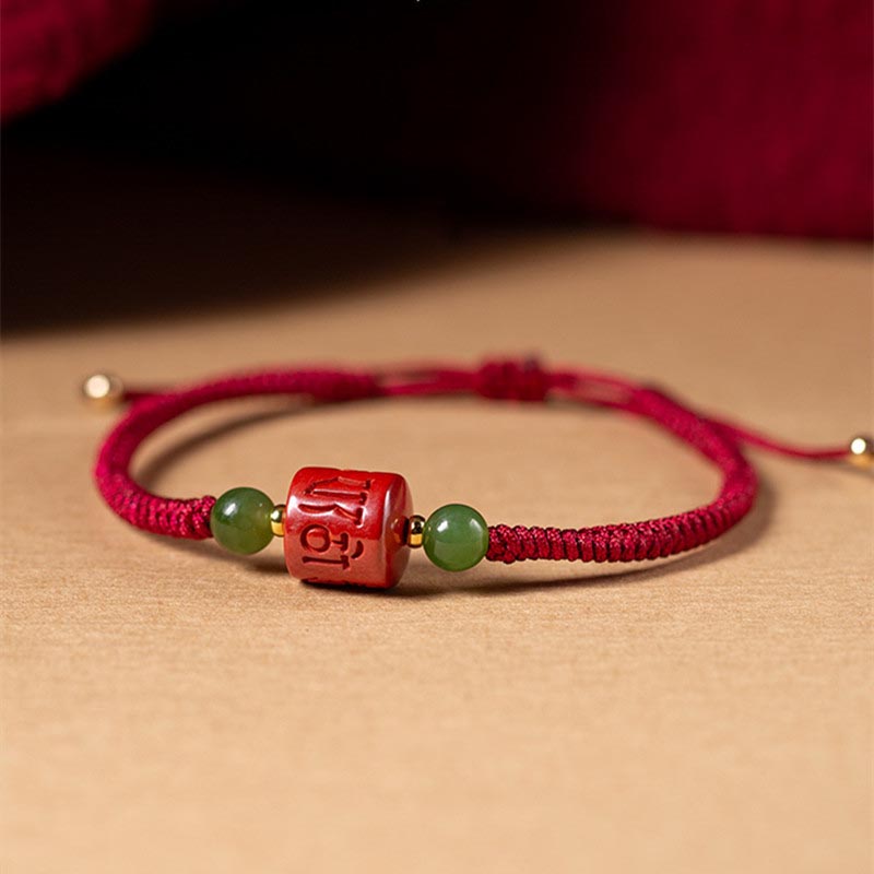 Tibetan Cinnabar Om Mani Padme Hum Engraved Blessing Braided Rope Bracelet