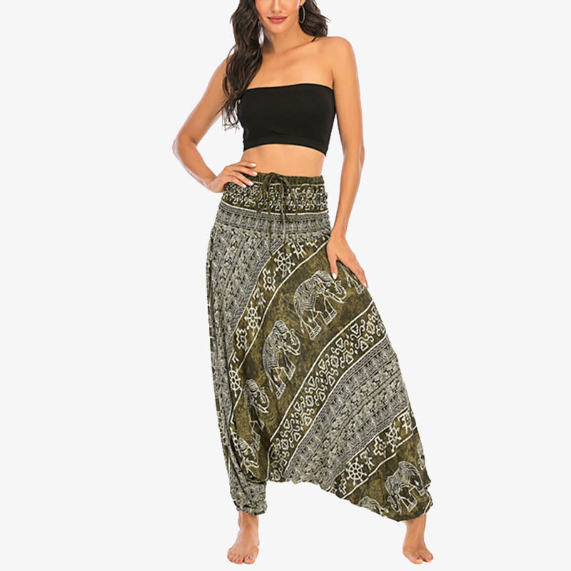 Two Style Wear Elephant Pattern Loose Smocked Harem Trousers Jumpsuit Women's Yoga Pants