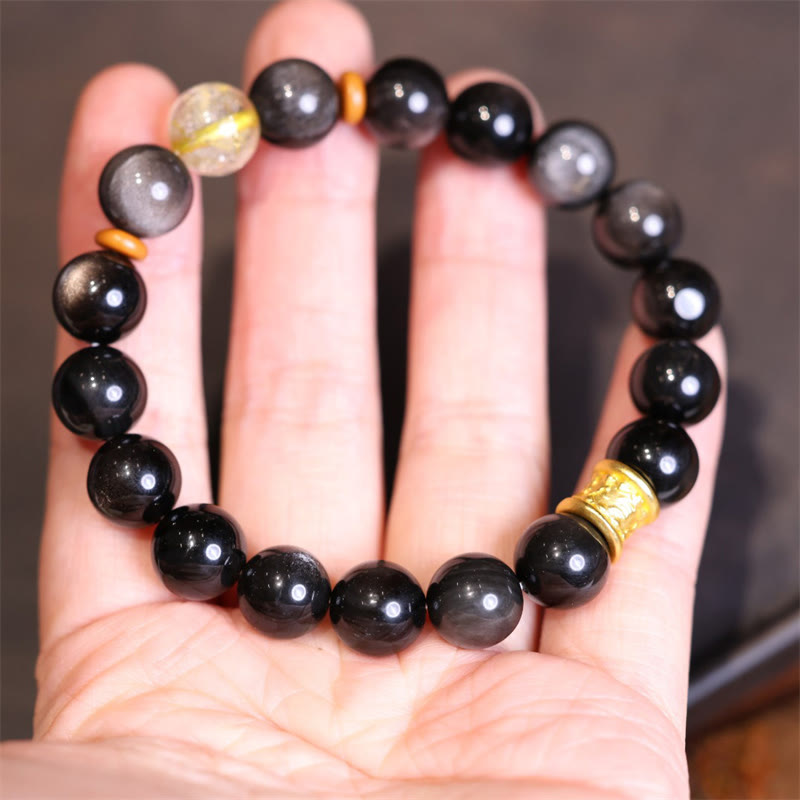 Natural Silver Sheen Obsidian Crystal Om Mani Padme Hum Bead Protection Bracelet