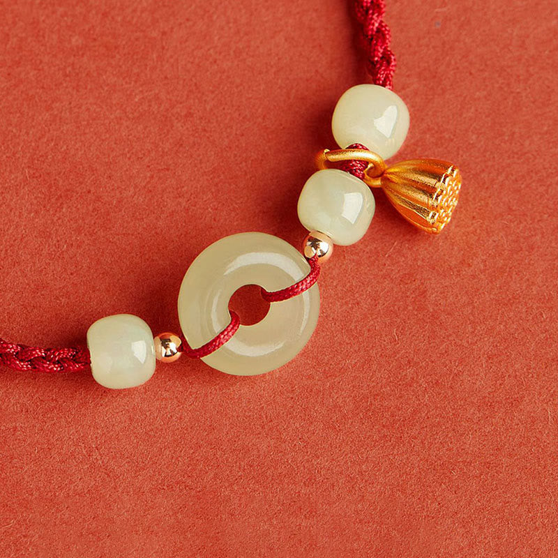 Round Peace Buckle Jade Lotus Happiness Abundance Wealth String Bracelet