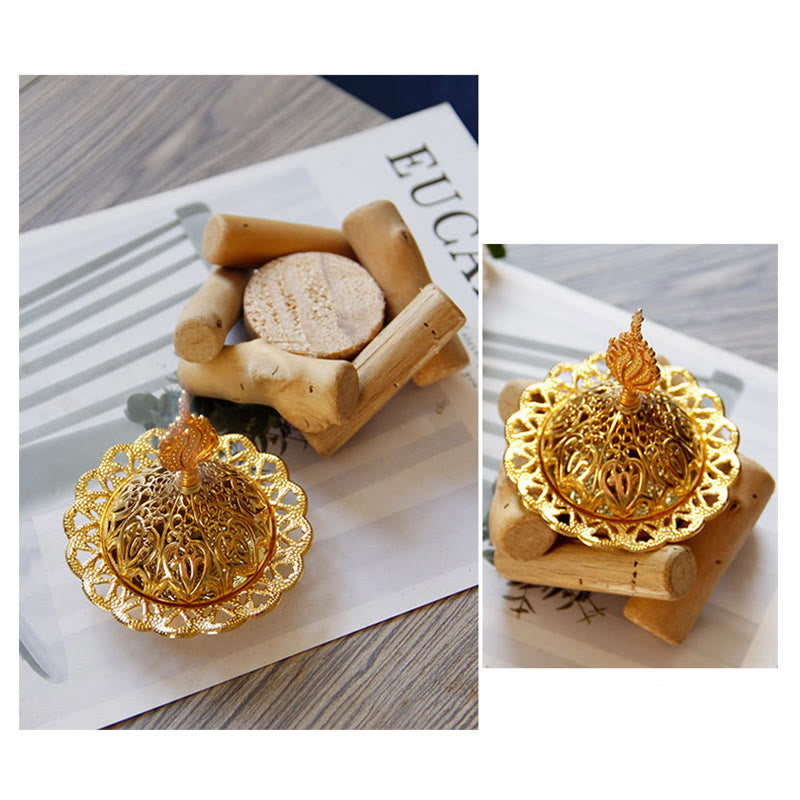 Gold Alloy Mini Incense Burner With Wooden Coaster Home Decor