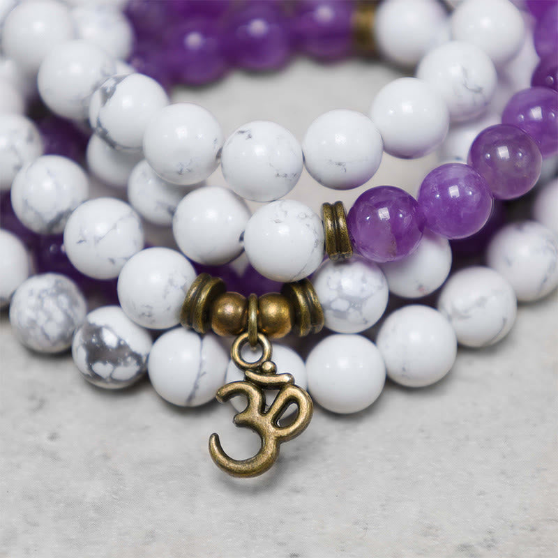 108 Mala Beads Amethyst White Turquoise OM Meditation Energy Bracelet