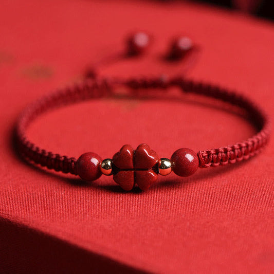 Four Leaf Clover Five-petal Flower Cinnabar Blessing Red String Bracelet