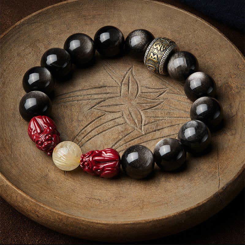 Gold Sheen Obsidian PiXiu Cinnabar Om Mani Padme Hum Protection Bracelet