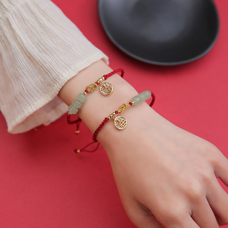 Handcrafted Jade Bead Fu Character Charm Luck Red Rope Bracelet
