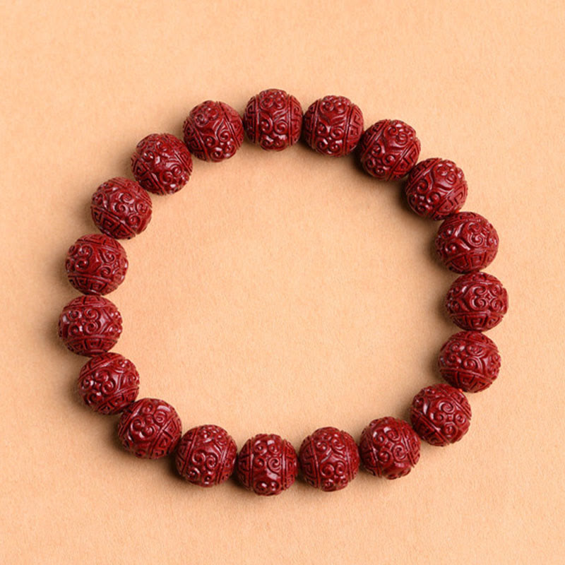 Natural Cinnabar Om Mani Padme Hum Fret Pattern Lotus Blessing Bracelet