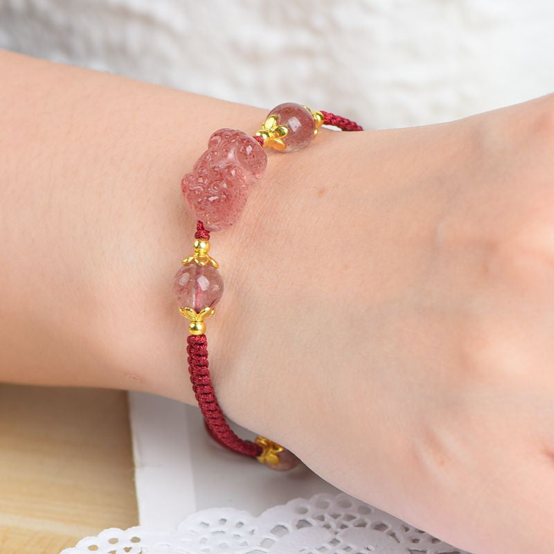 Natural Strawberry Crystal Pixiu Charm Lucky Red String Bracelet