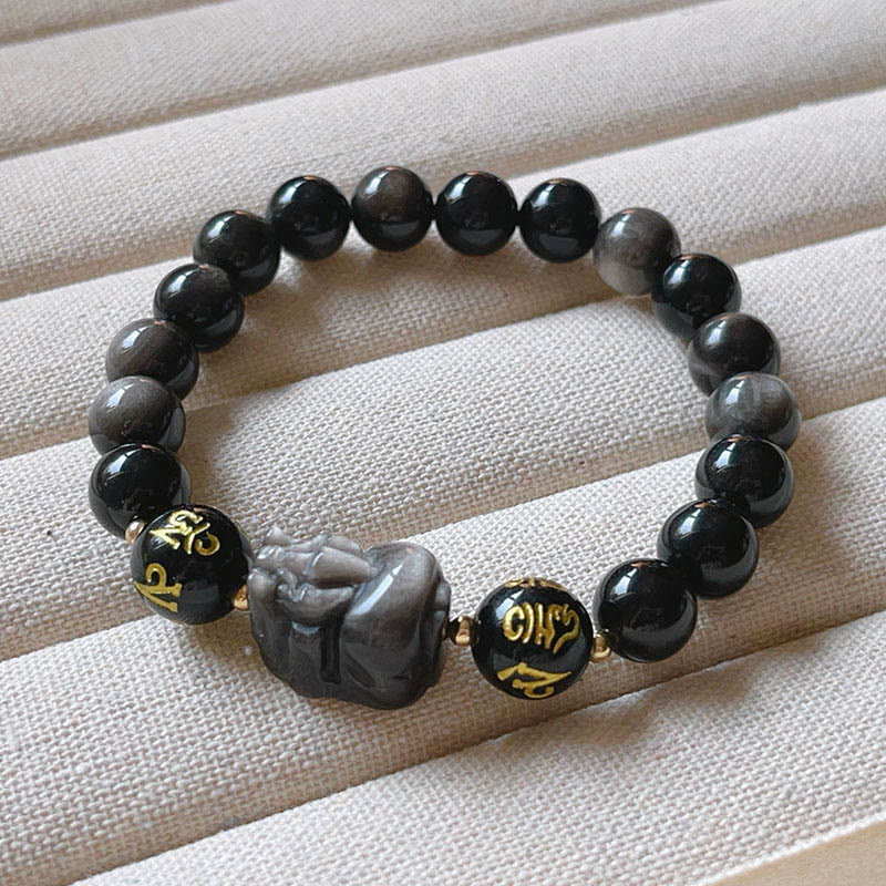 Natural Silver Sheen Obsidian Black Obsidian Om Mani Padme Hum Pixiu Protection Bracelet