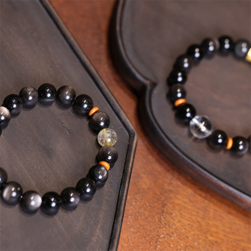Natural Silver Sheen Obsidian Crystal Om Mani Padme Hum Bead Protection Bracelet
