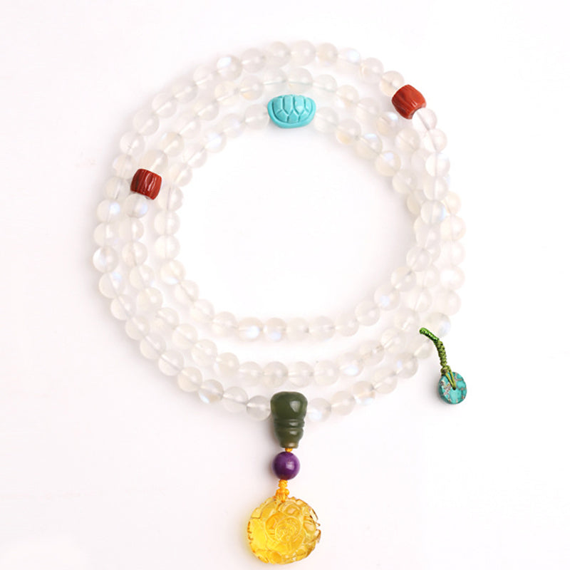 108 Mala Beads Moonstone Amber Lotus Turquoise Crystal Bracelet