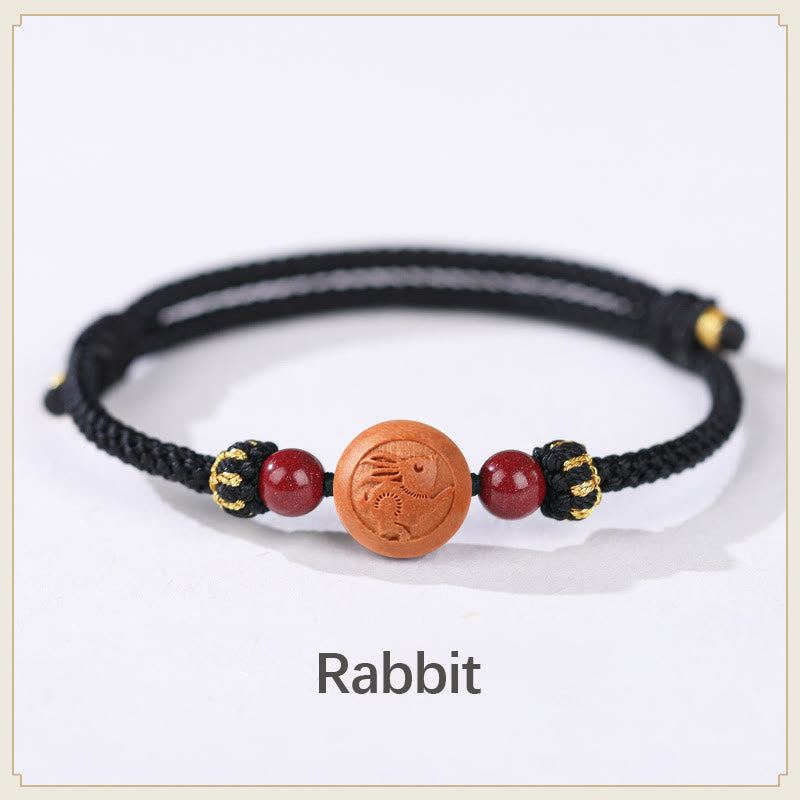 Natural Peach Wood Chinese Zodiac Fu Character Carved Cinnabar Wealth Bracelet