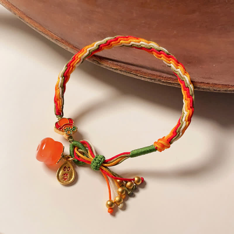 Persimmon Red Agate Strength Reincarnation Knot Braid String Bracelet