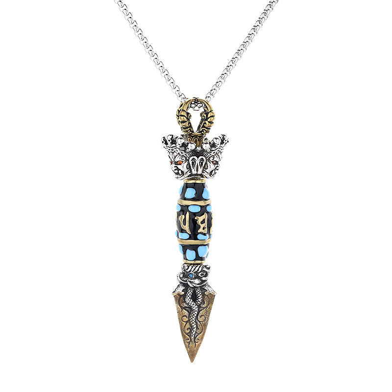 Tibet Om Mani Padme Hum Dzi Bead Dorje Vajra Pattern Wealth Rotatable Necklace Pendant