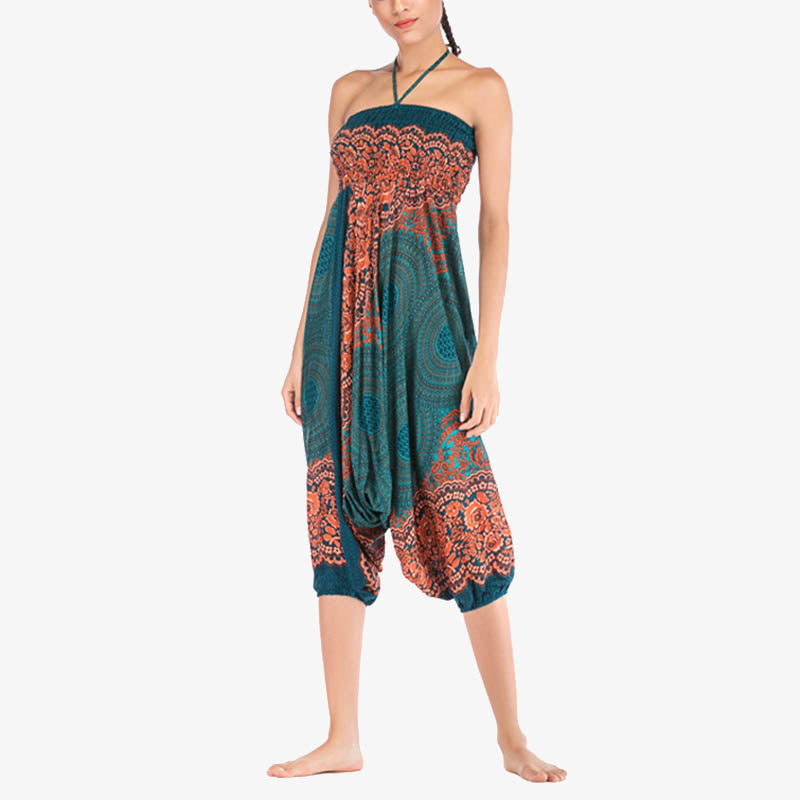 Two Style Wear Round Geometric Pattern Loose Smocked Harem Trousers Jumpsuit High Waist Women's Yoga Pants