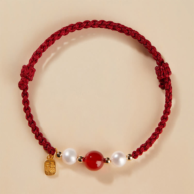 925 Sterling Silver Good Fortune Fu Character Agate Pearl Red String Braid Bracelet
