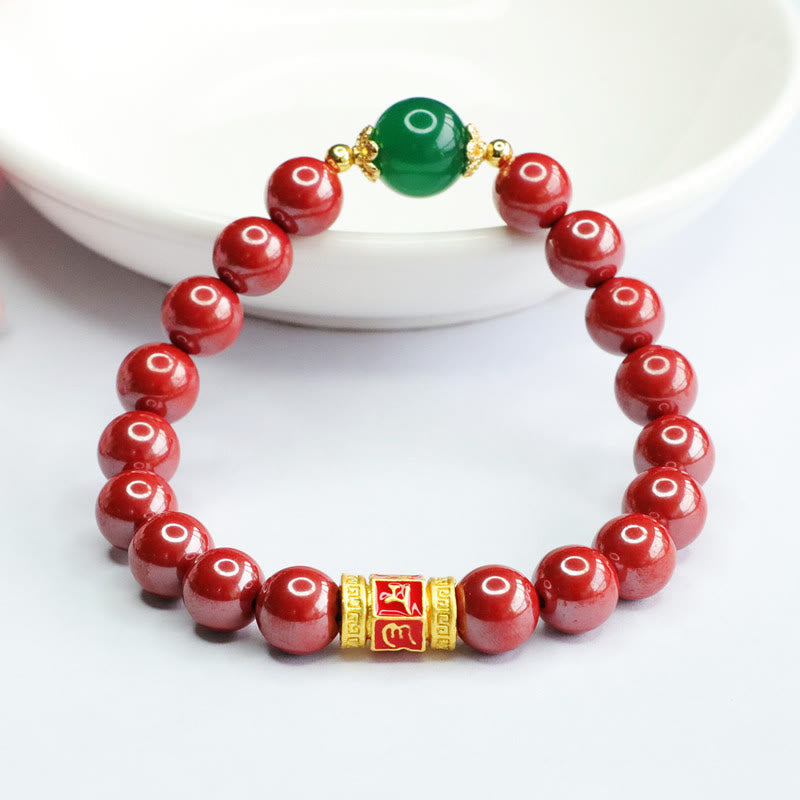 Natural Cinnabar Green Agate Om Mani Padme Hum Pattern Blessing Bracelet