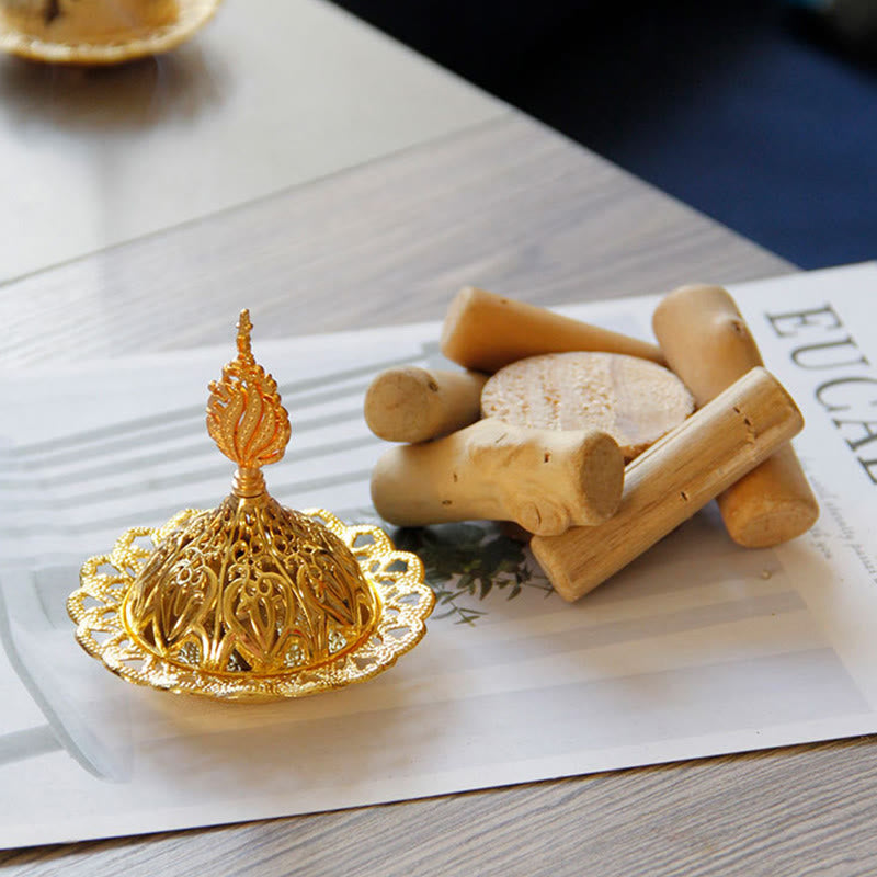 Gold Alloy Mini Incense Burner With Wooden Coaster Home Decor