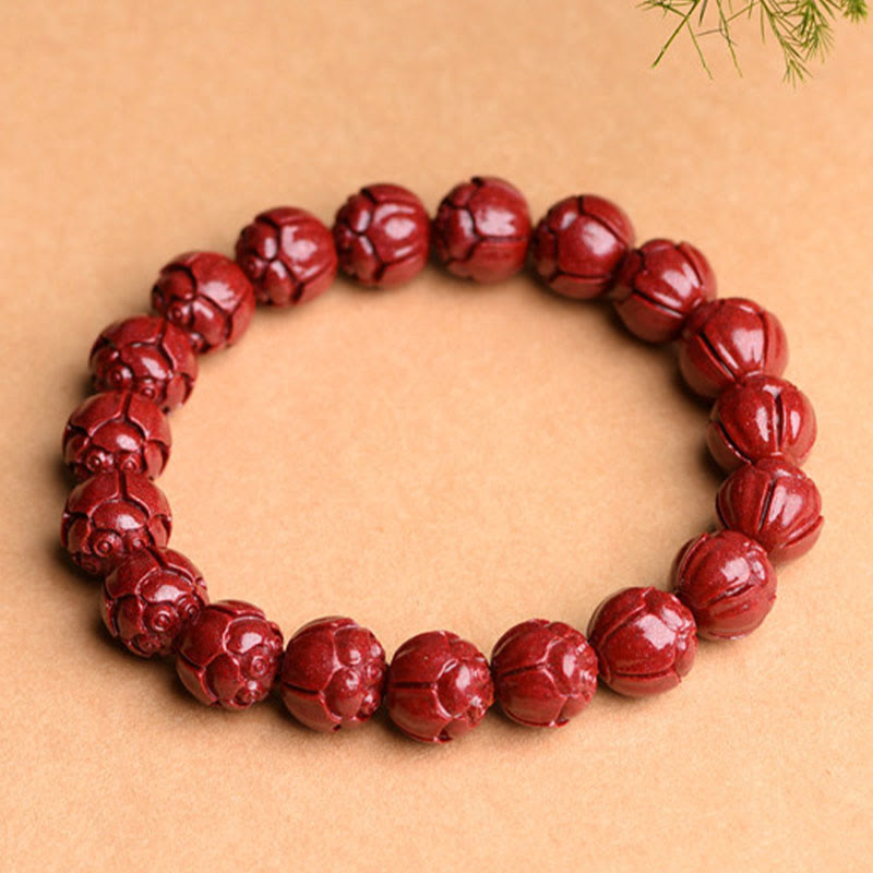 Natural Cinnabar Om Mani Padme Hum Fret Pattern Lotus Blessing Bracelet