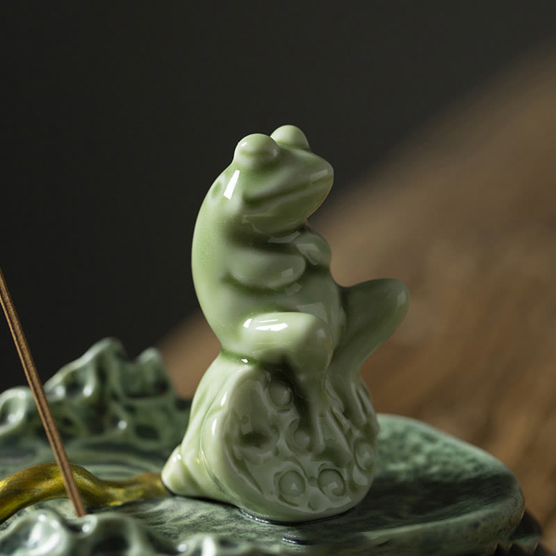 Leaf Meditation Frog Pattern Ceramic Incense Burner Decoration