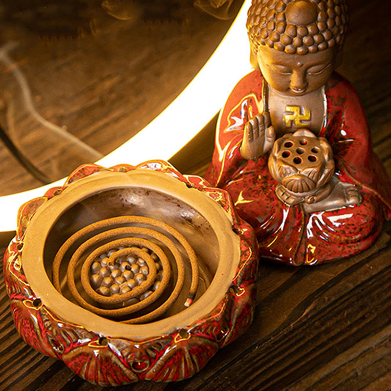 Buddha Lotus Backflow Smoke Fountain Ceramic Blessing Incense Burner With Light Decoration