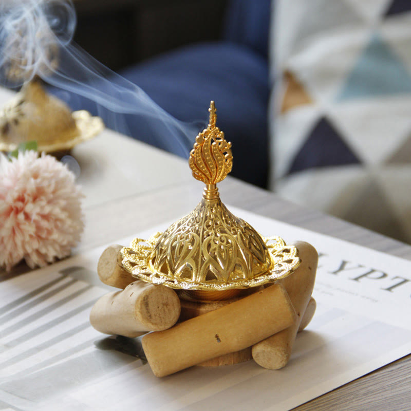 Gold Alloy Mini Incense Burner With Wooden Coaster Home Decor