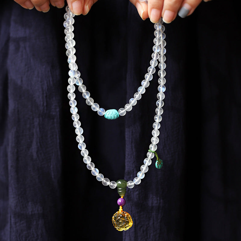 108 Mala Beads Moonstone Amber Lotus Turquoise Crystal Bracelet