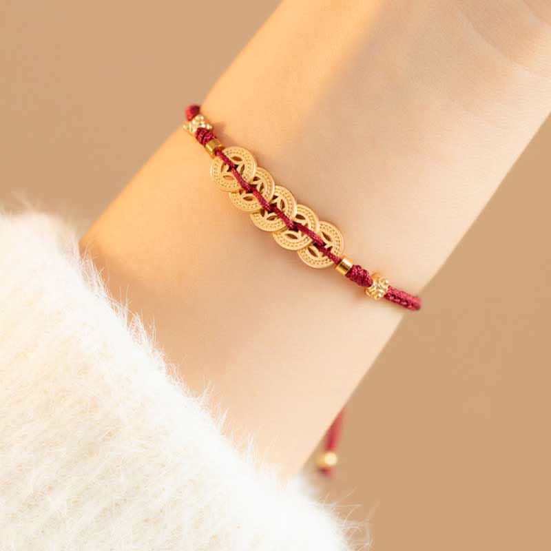 Copper Coin Fortune Tree Luck Strength Braided Bracelet