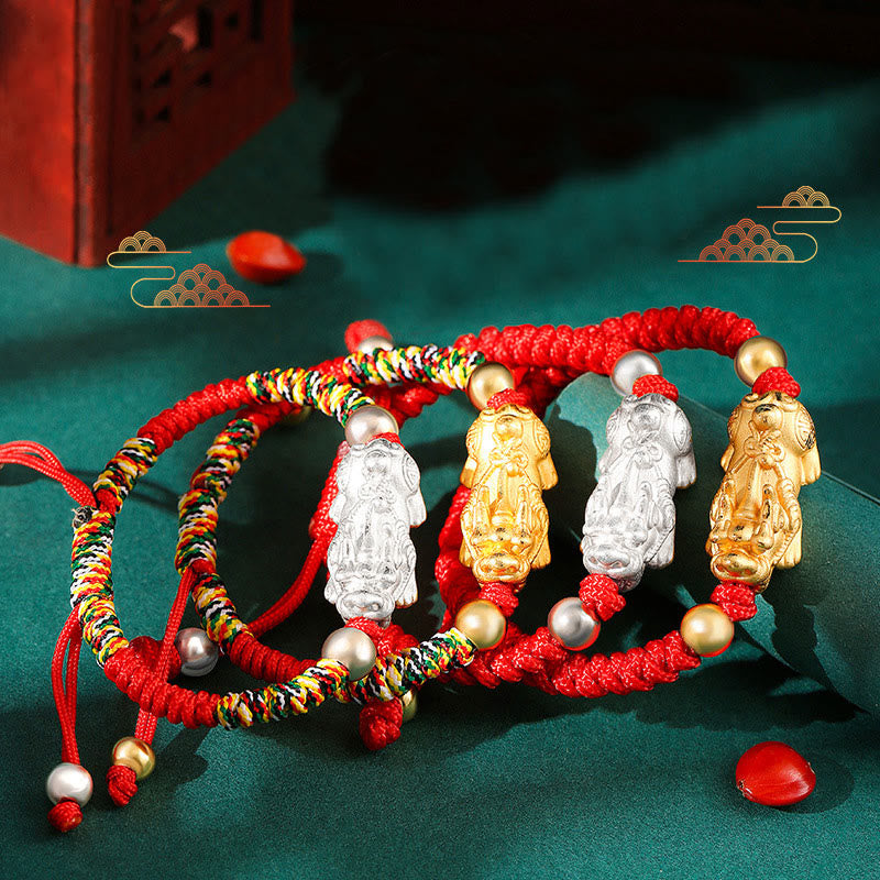 999 Sterling Silver PiXiu Wealth King Kong Knot String Braided Kids Child Bracelet