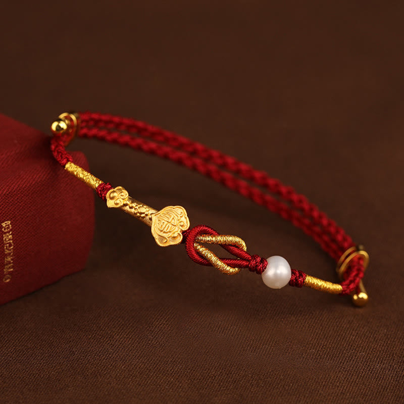 24K Gold Wish Ruyi Handle Fu Character Rabbit Pearl Luck Braided Bracelet