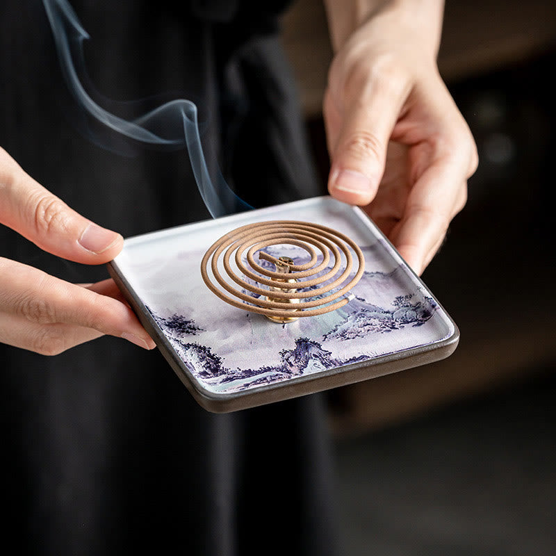 Mountain Lake Flower Leaf Ceramic Plate Tray Stick Incense Burner Decoration