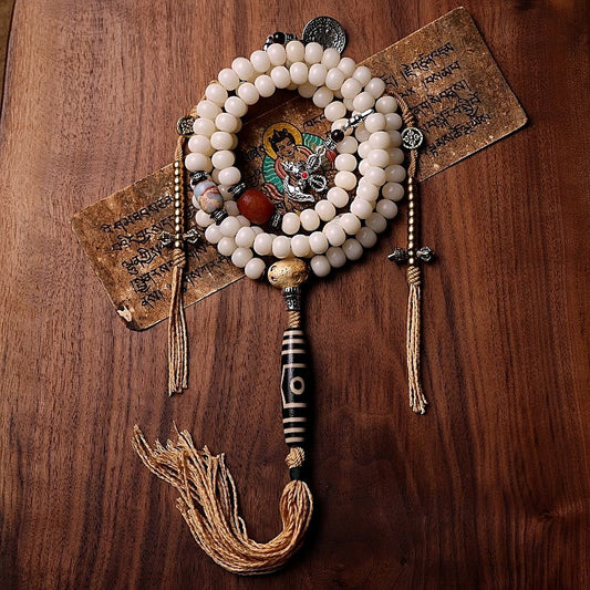 Tibet 108 Mala Beads Bodhi Seed Bagua Vajra Dzi Bead Gray Agate Wealth Bracelet