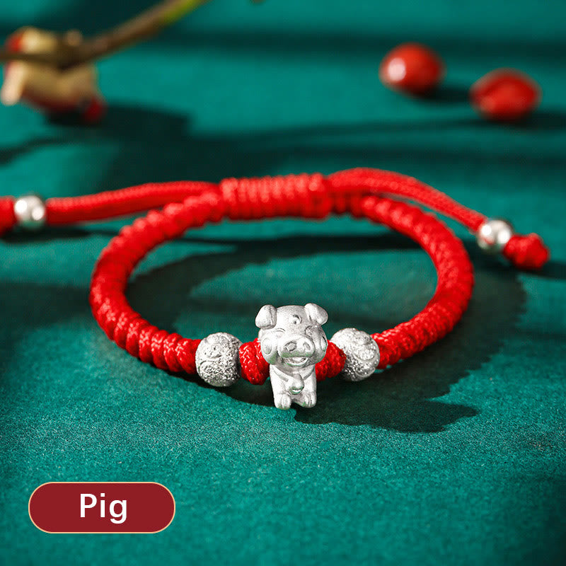 999 Sterling Silver Chinese Zodiac Red Rope Luck Handcrafted Kids Bracelet