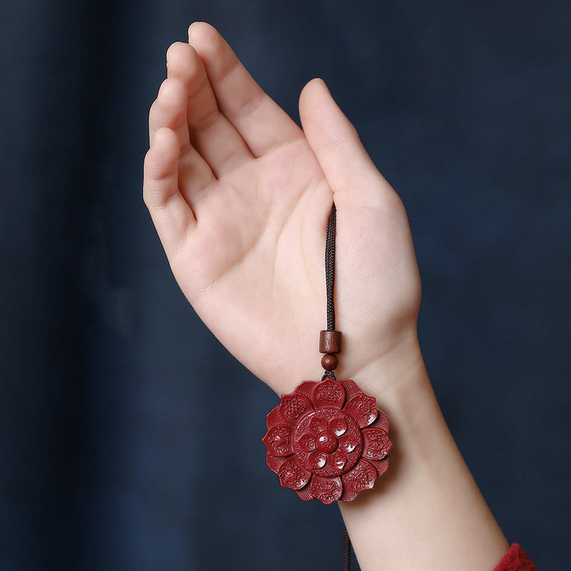 Natural Cinnabar Lotus Om Mani Padme Hum Blessing Necklace String Pendant