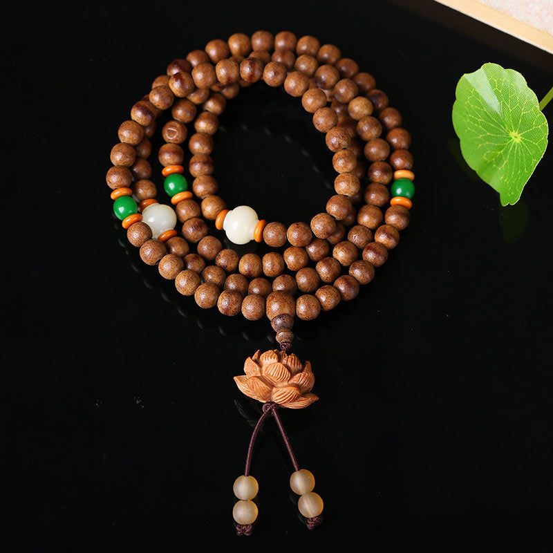 108 Mala Beads Peach Wood Bodhi Seed Lotus Prayer Meditation Bracelet
