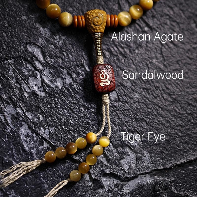 108 Mala Beads Natural Tiger Eye Copper Dorje Protection Tassel Bracelet