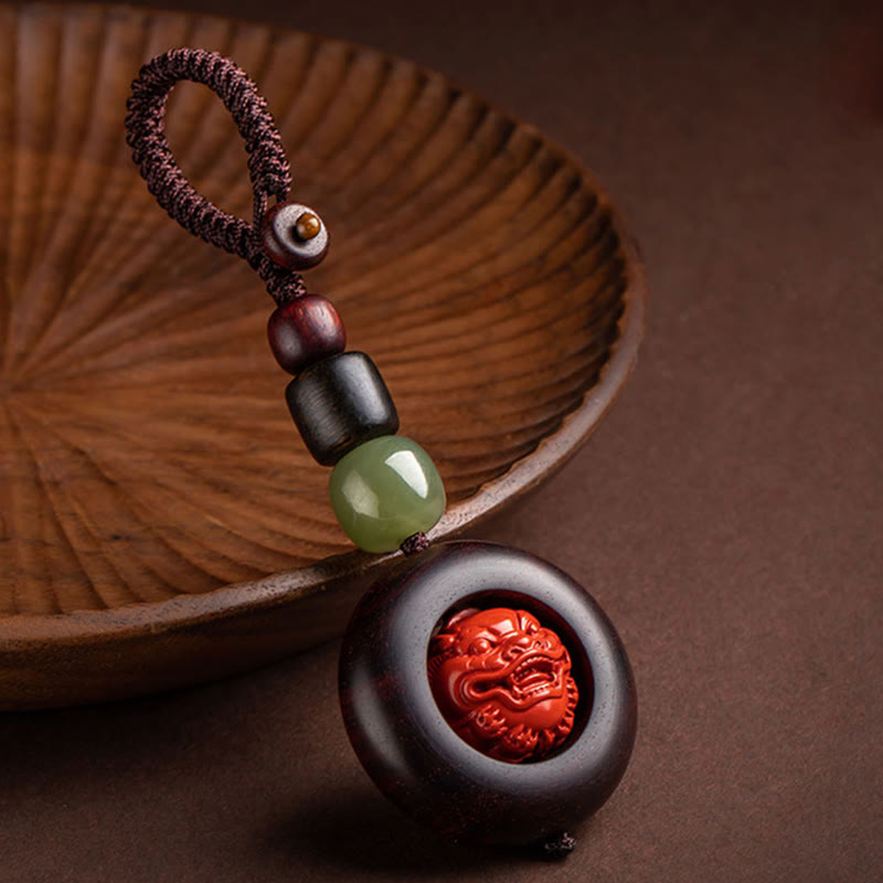 Tibet Om Mani Padme Hum PiXiu Copper Coin Small Leaf Red Sandalwood Cinnabar Protection Key Chain