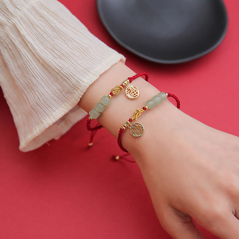 Handcrafted Jade Bead Fu Character Charm Luck Red Rope Bracelet